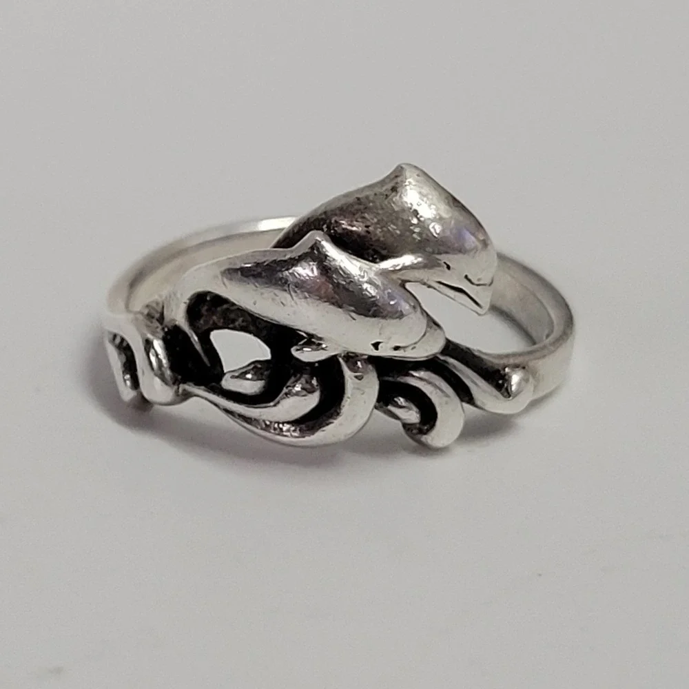 Vtg 925 Sterling Silver Double Dolphin Bypass Ring Size 7.25 Nautical Ring 3.3g
